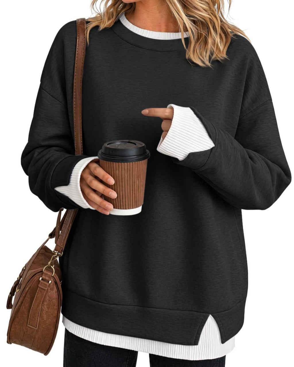 Layered Hem Crew Neck Pullover Sweatshirt - Black