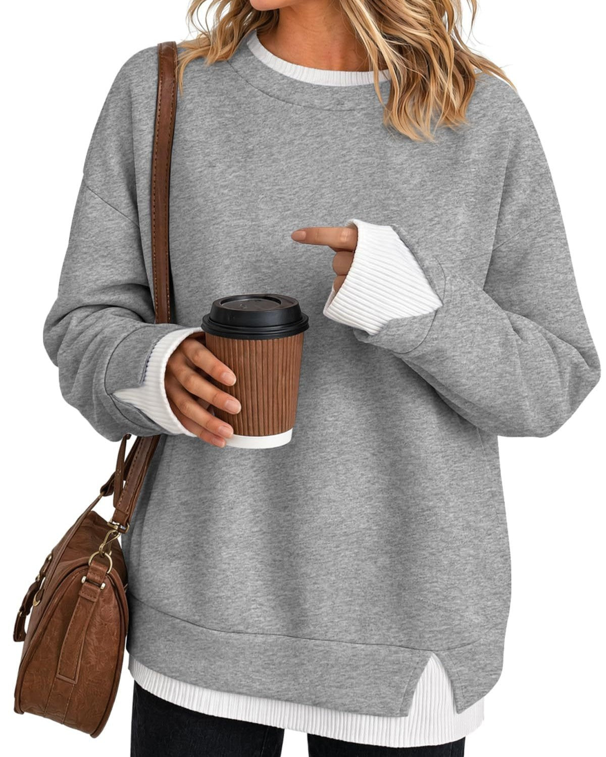 Layered Hem Crew Neck Pullover Sweatshirt - Grey