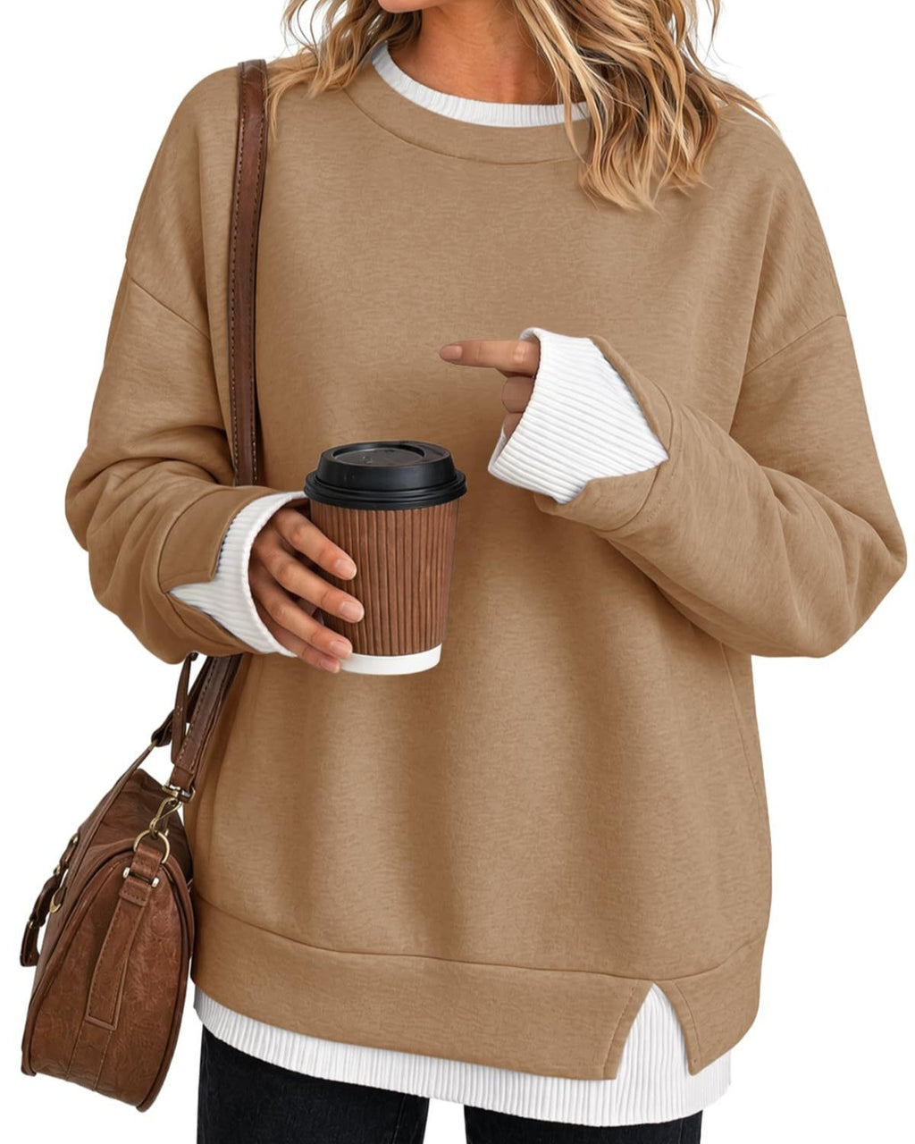 Layered Hem Crew Neck Pullover Sweatshirt - Khaki