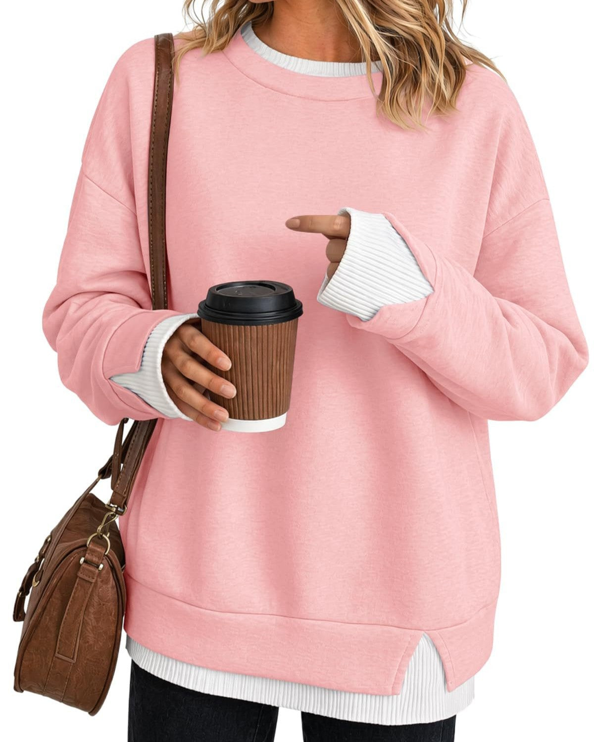 Layered Hem Crew Neck Pullover Sweatshirt - Pink - 1