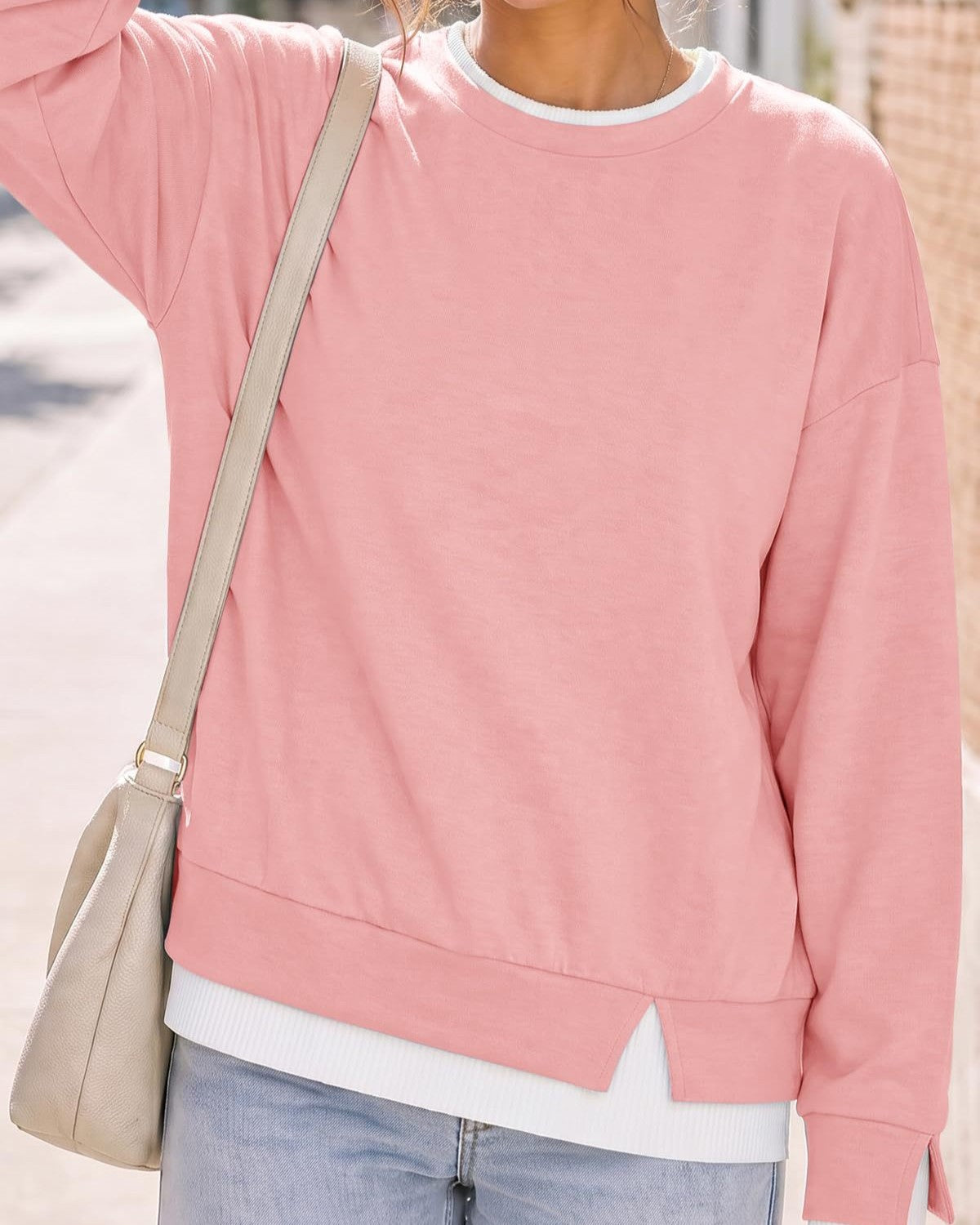 Layered Hem Crew Neck Pullover Sweatshirt - Pink - 2