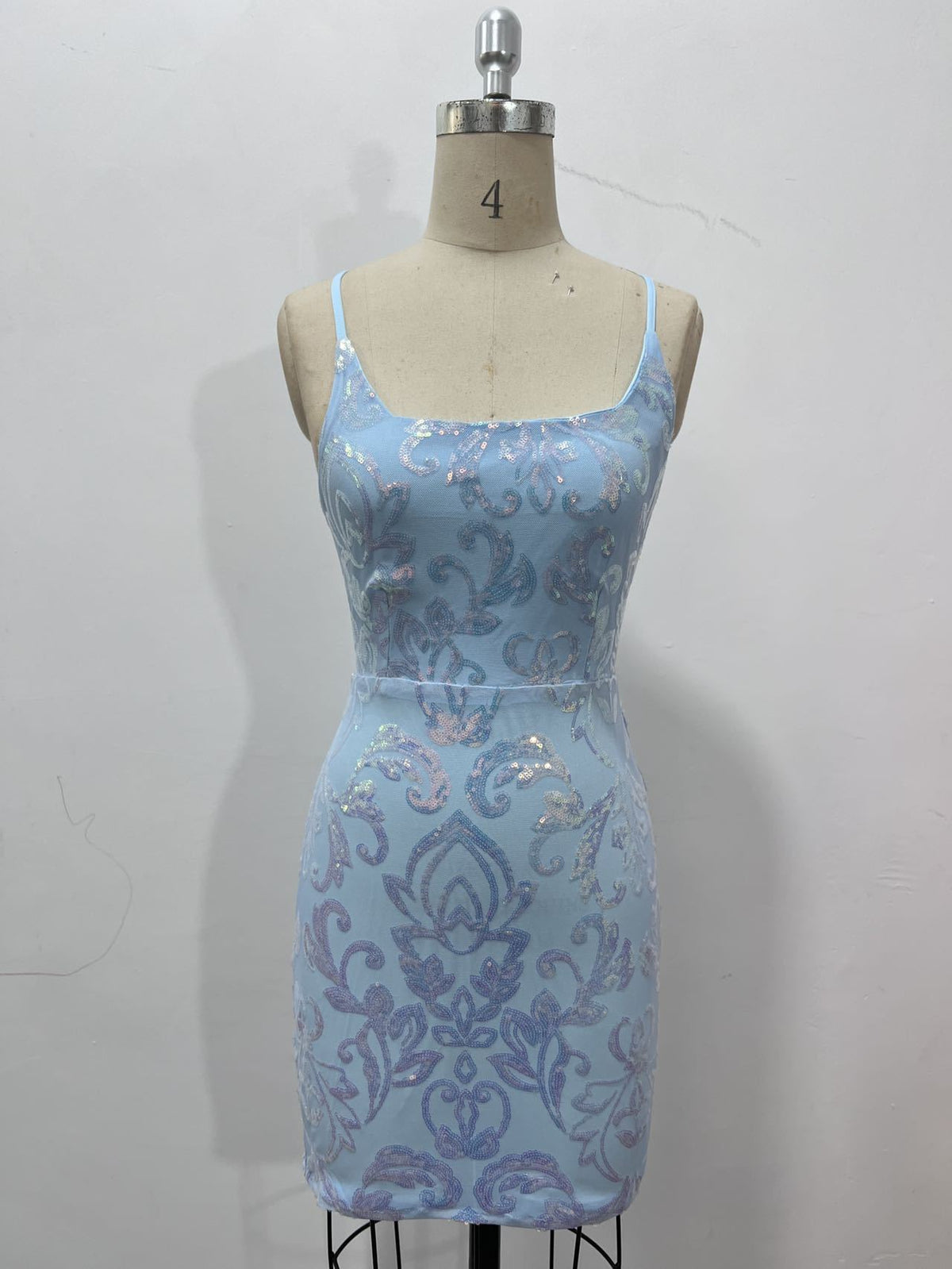 Sequin Damask Bodycon Mini Dress With Tie Back - Blue