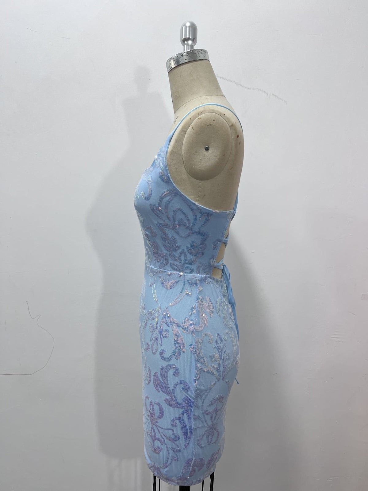 Sequin Damask Bodycon Mini Dress With Tie Back - Blue - 1