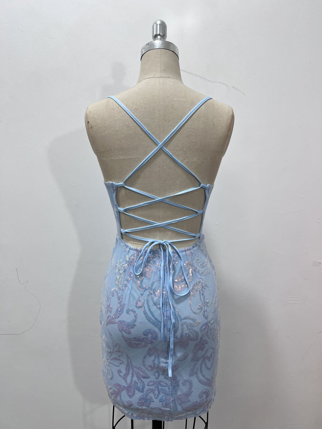 Sequin Damask Bodycon Mini Dress With Tie Back - Blue - 2