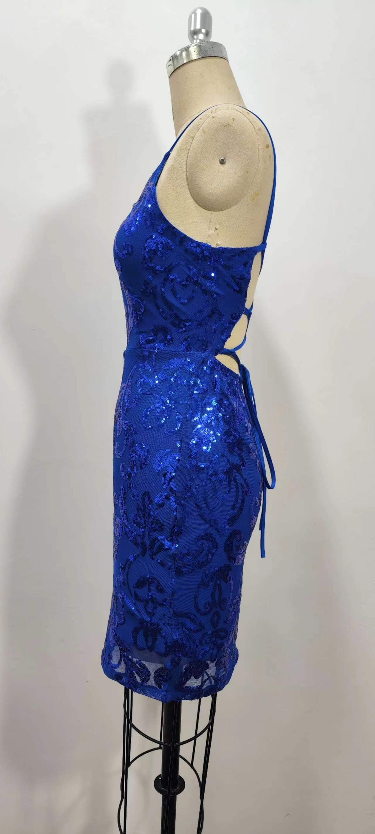 Sequin Damask Bodycon Mini Dress With Tie Back - DarkBlue - 1