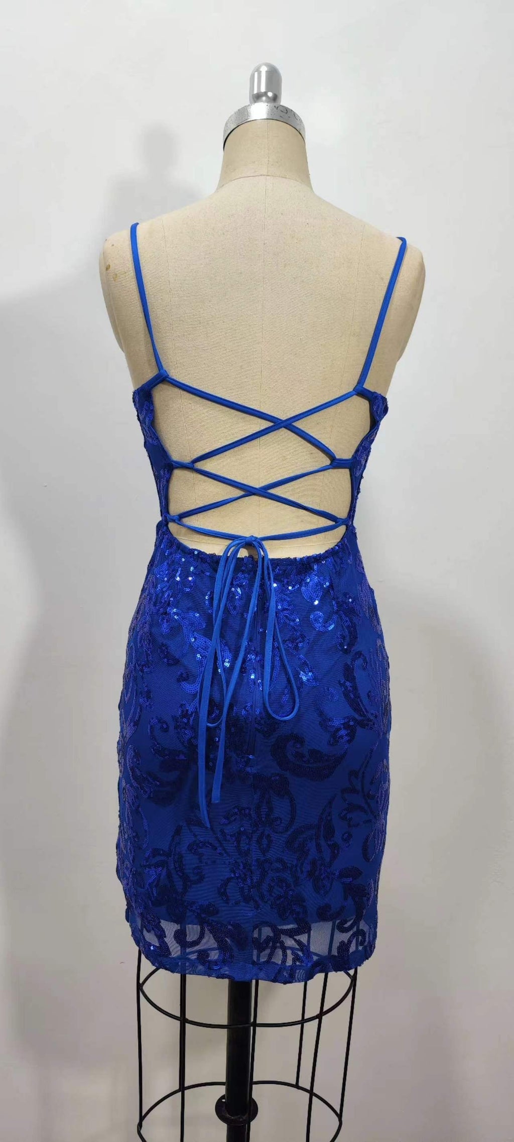 Sequin Damask Bodycon Mini Dress With Tie Back - DarkBlue - 2