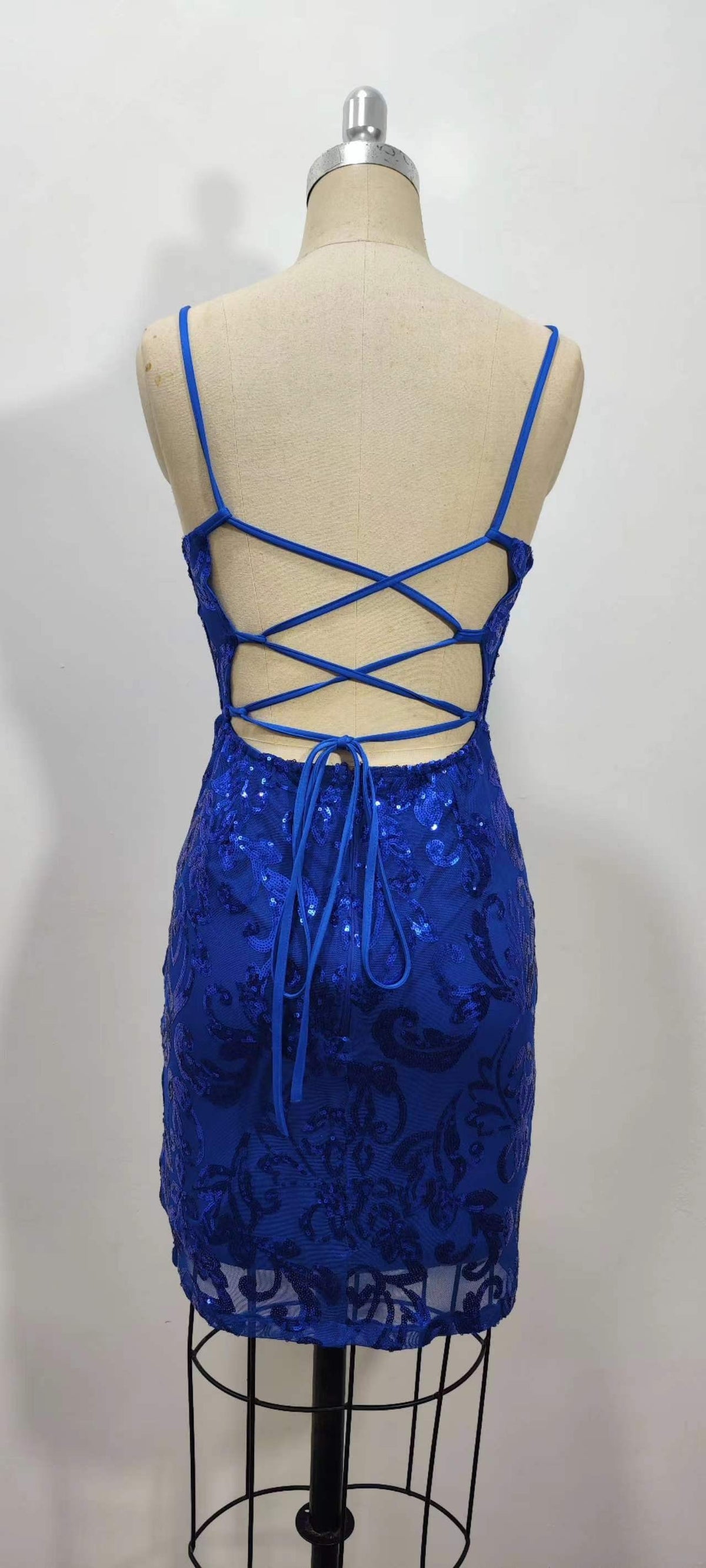 Sequin Damask Bodycon Mini Dress With Tie Back - DarkBlue - 2
