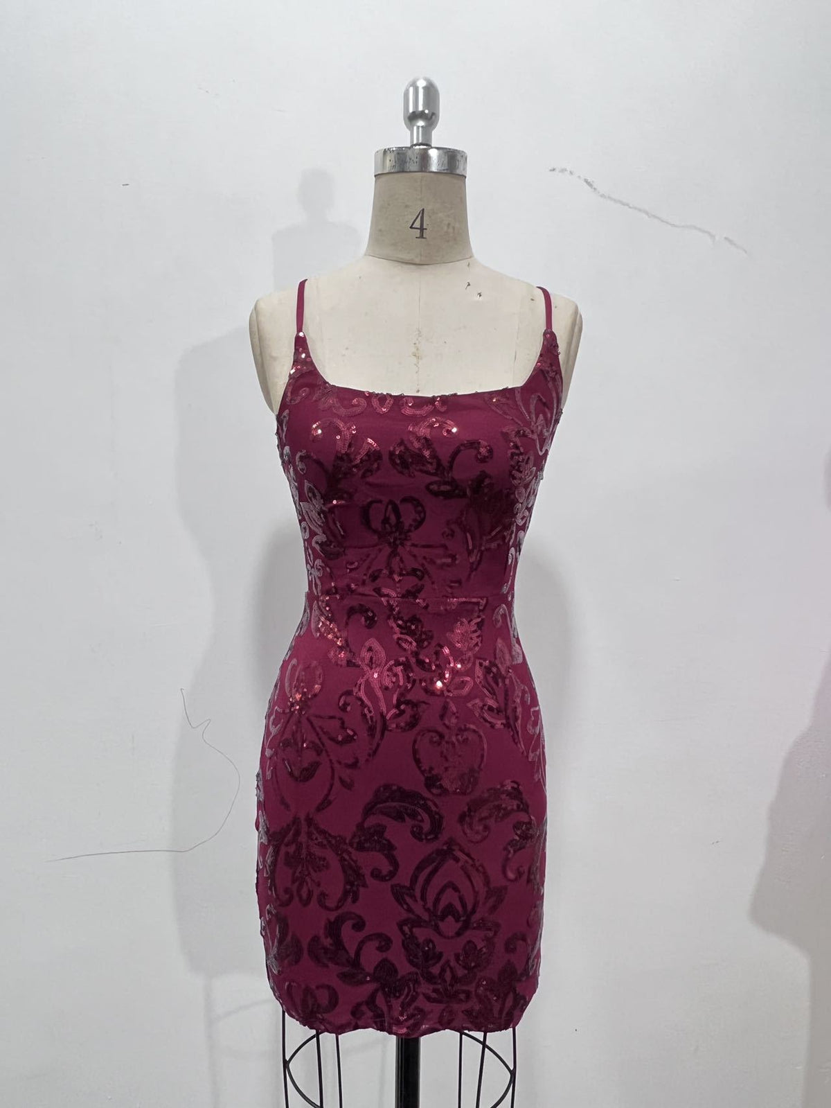 Sequin Damask Bodycon Mini Dress With Tie Back - Red