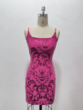 Sequin Damask Bodycon Mini Dress With Tie Back - Rose_Red