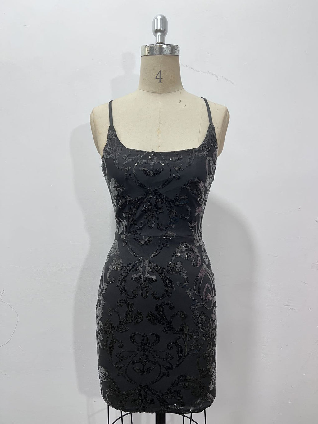 Sequin Damask Bodycon Mini Dress With Tie Back - black - 1