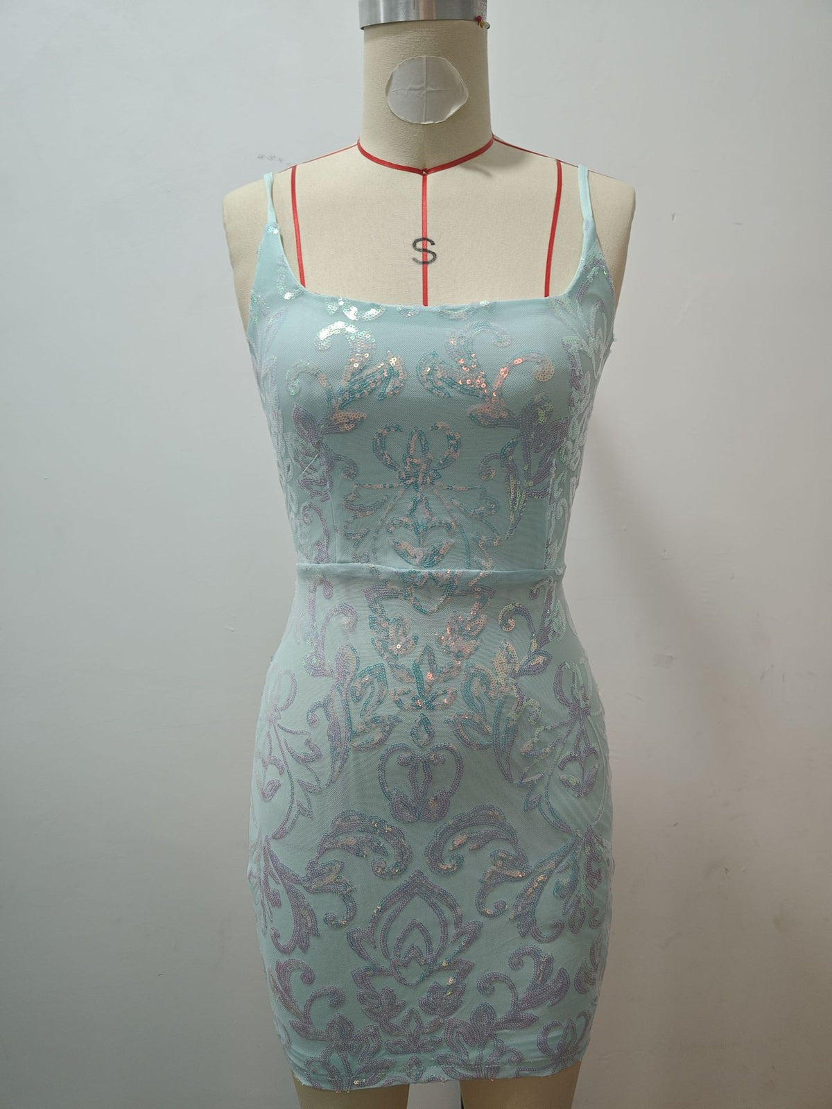 Sequin Damask Bodycon Mini Dress With Tie Back - green