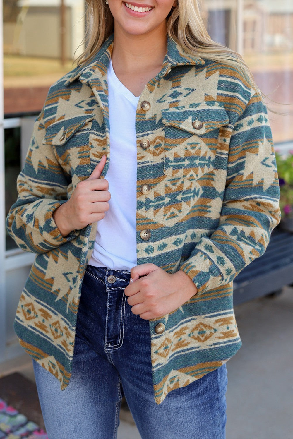 Aztec Print Brushed Button Front Shirt Jacket - Blue