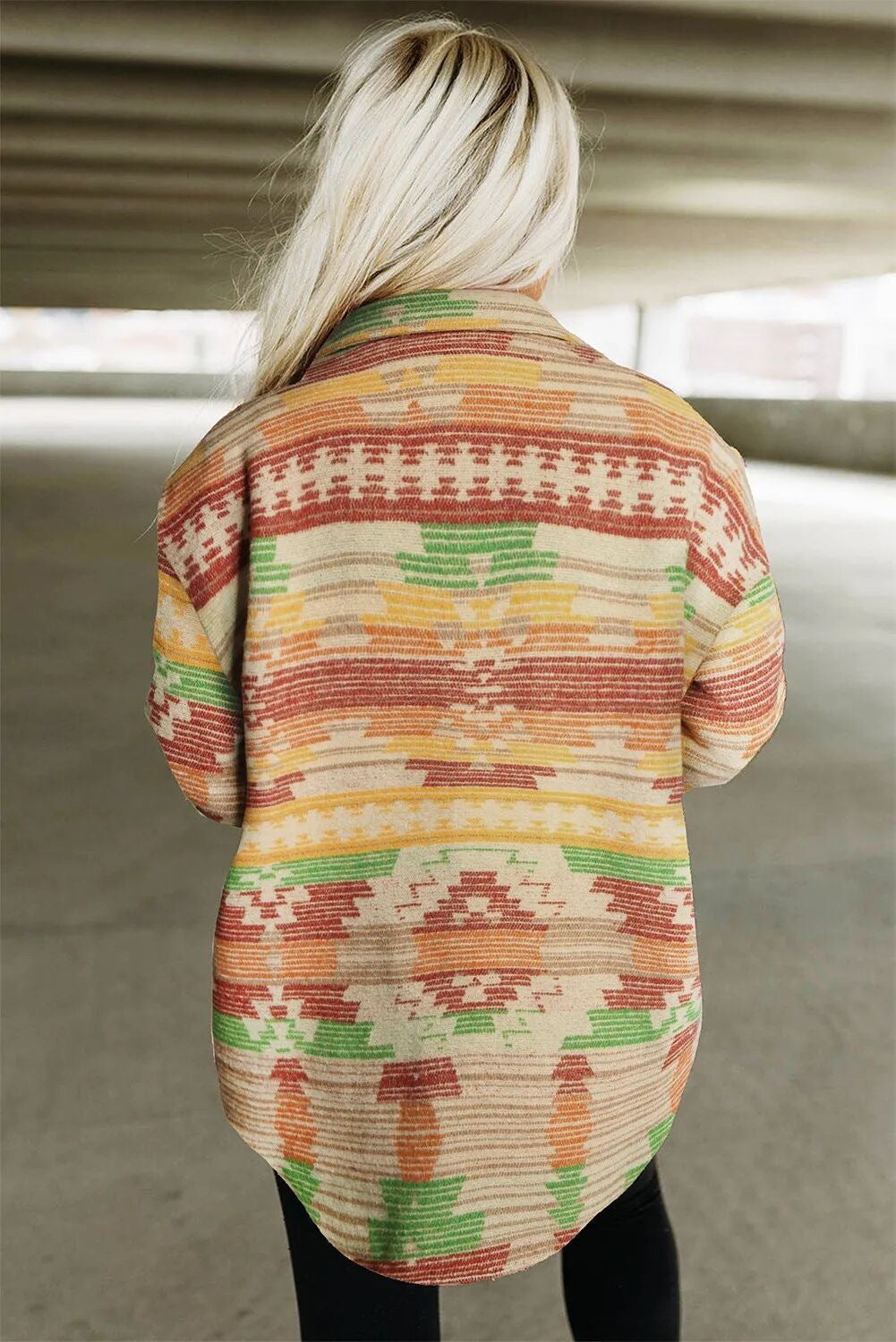 Aztec Print Brushed Button Front Shirt Jacket - Orange - 1
