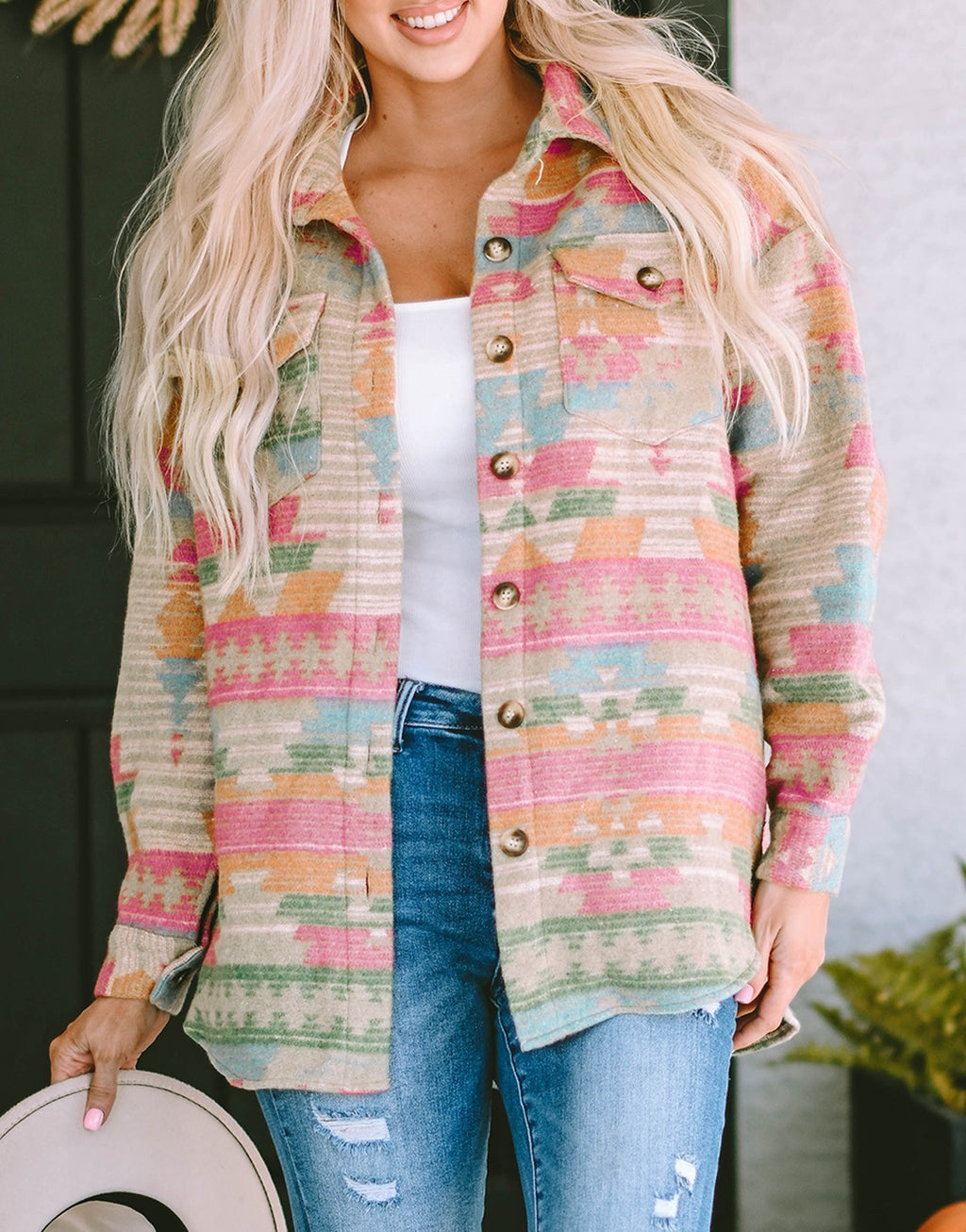 Aztec Print Brushed Button Front Shirt Jacket - Red