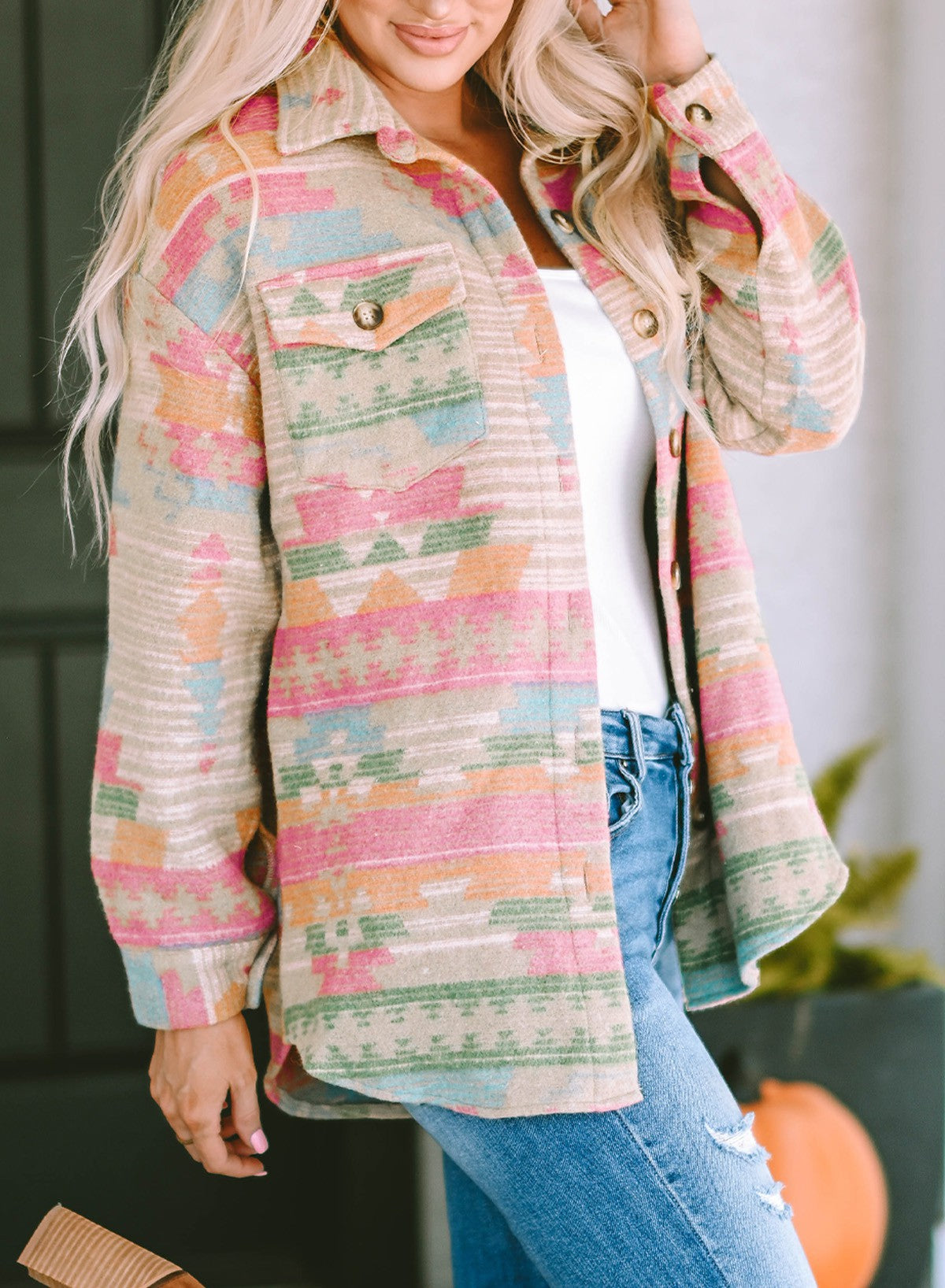 Aztec Print Brushed Button Front Shirt Jacket - Red - 2