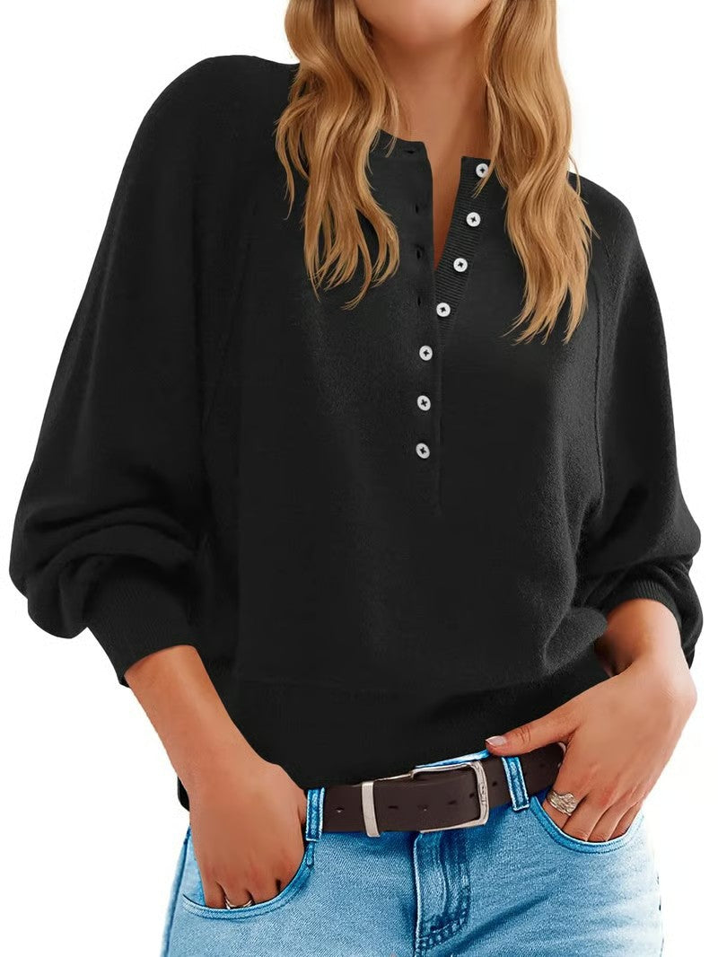 Half Button Henley Batwing Sleeve Pullover - Black