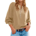 Half Button Henley Batwing Sleeve Pullover - Khaki