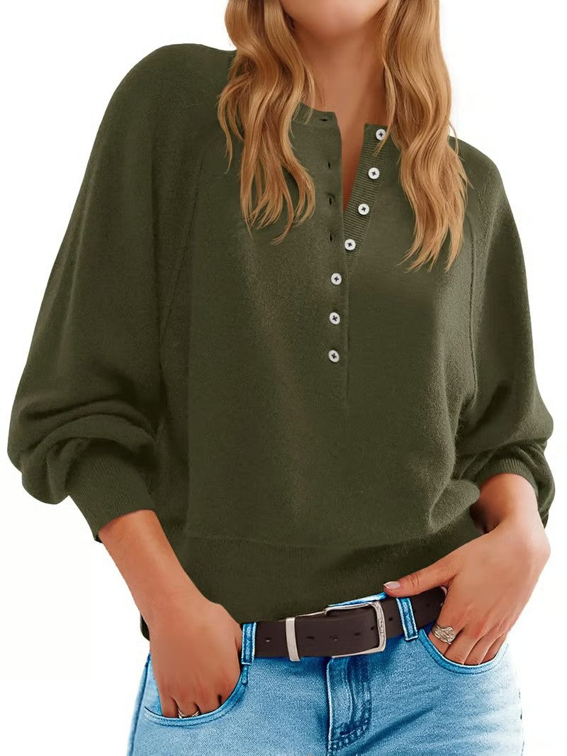 Half Button Henley Batwing Sleeve Pullover - Olive