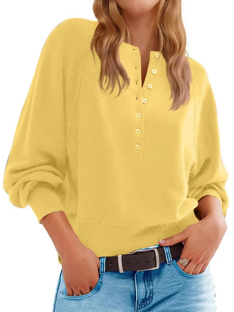 Half Button Henley Batwing Sleeve Pullover - Yellow