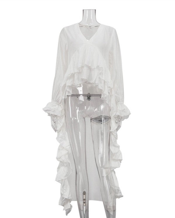 Sheer Cascading Ruffle Longline Blouse - White