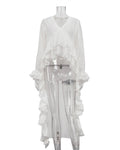 Sheer Cascading Ruffle Longline Blouse - White