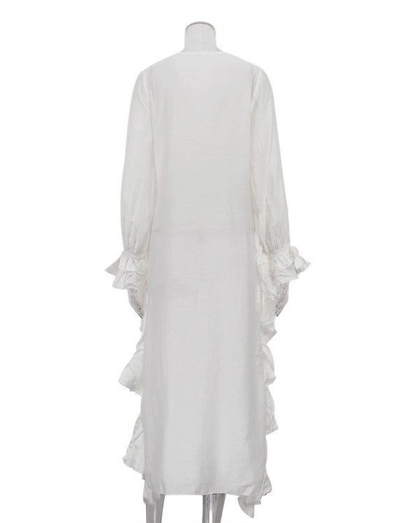 Sheer Cascading Ruffle Longline Blouse - White - 1