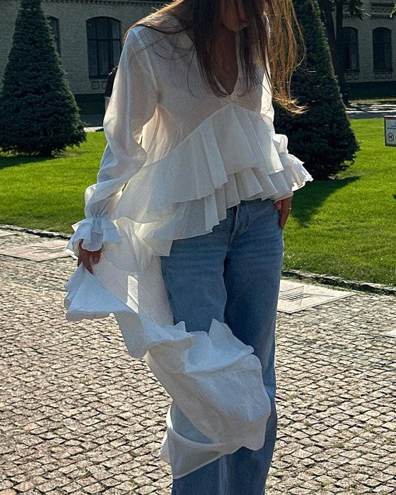 Sheer Cascading Ruffle Longline Blouse - White - 2