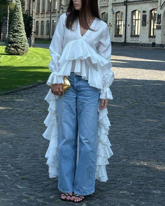 Sheer Cascading Ruffle Longline Blouse