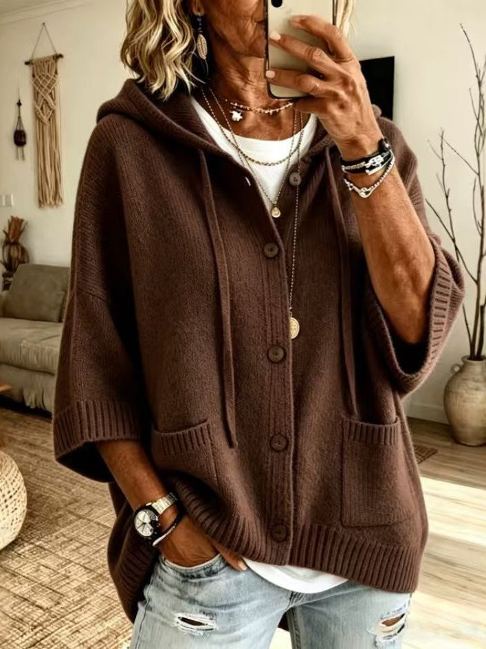Knit Hooded Button Front Oversized Pocket Cardigan - Brown