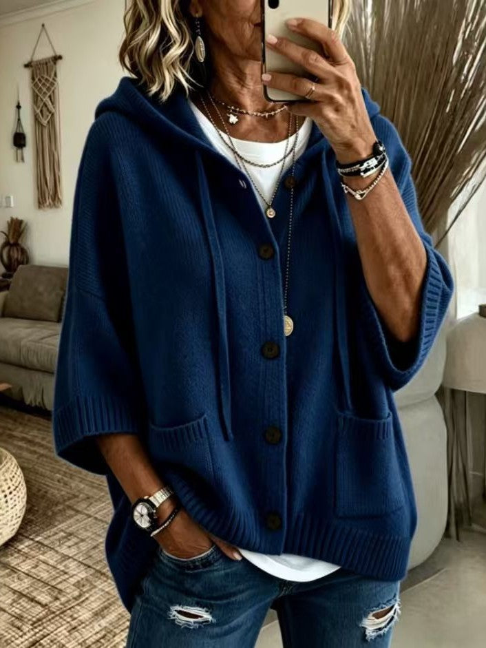 Knit Hooded Button Front Oversized Pocket Cardigan - Dark_Blue