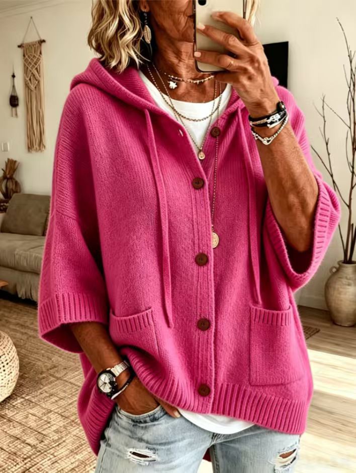 Knit Hooded Button Front Oversized Pocket Cardigan - Fuchsia