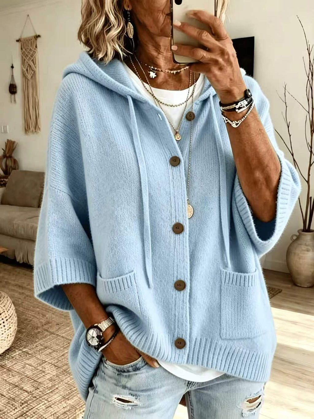Knit Hooded Button Front Oversized Pocket Cardigan - Light_Blue