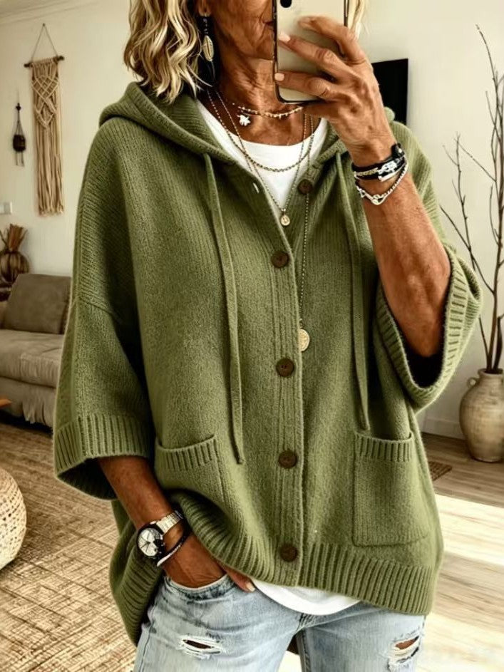 Knit Hooded Button Front Oversized Pocket Cardigan - Olive