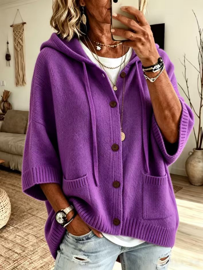 Knit Hooded Button Front Oversized Pocket Cardigan - Purple