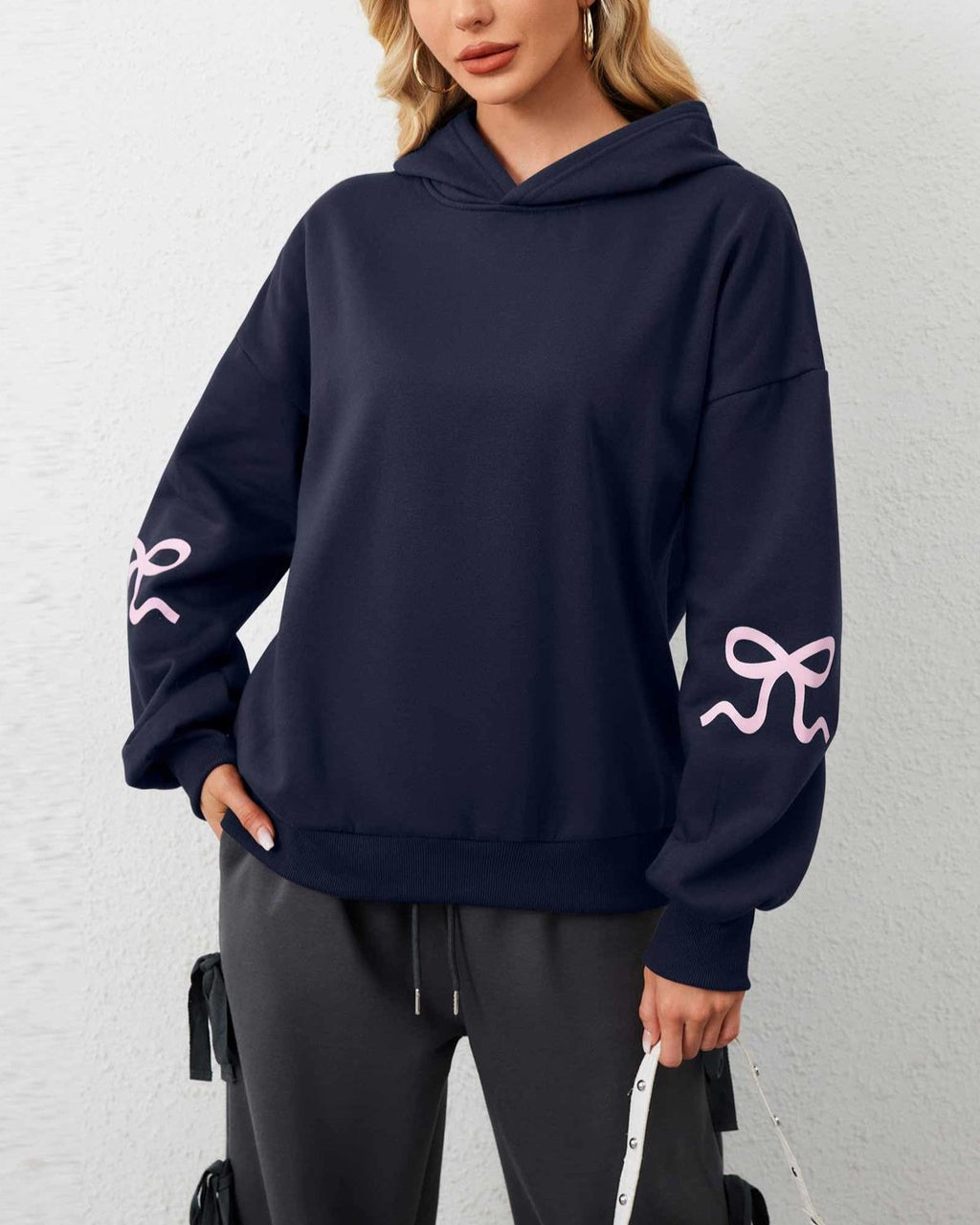 Oversized Bow Sleeve Drop Shoulder Hoodie - DarkBlue