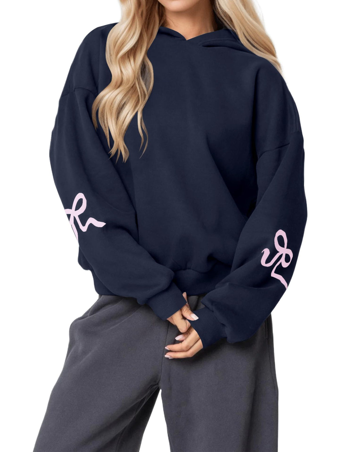 Oversized Bow Sleeve Drop Shoulder Hoodie - DarkBlue - 1