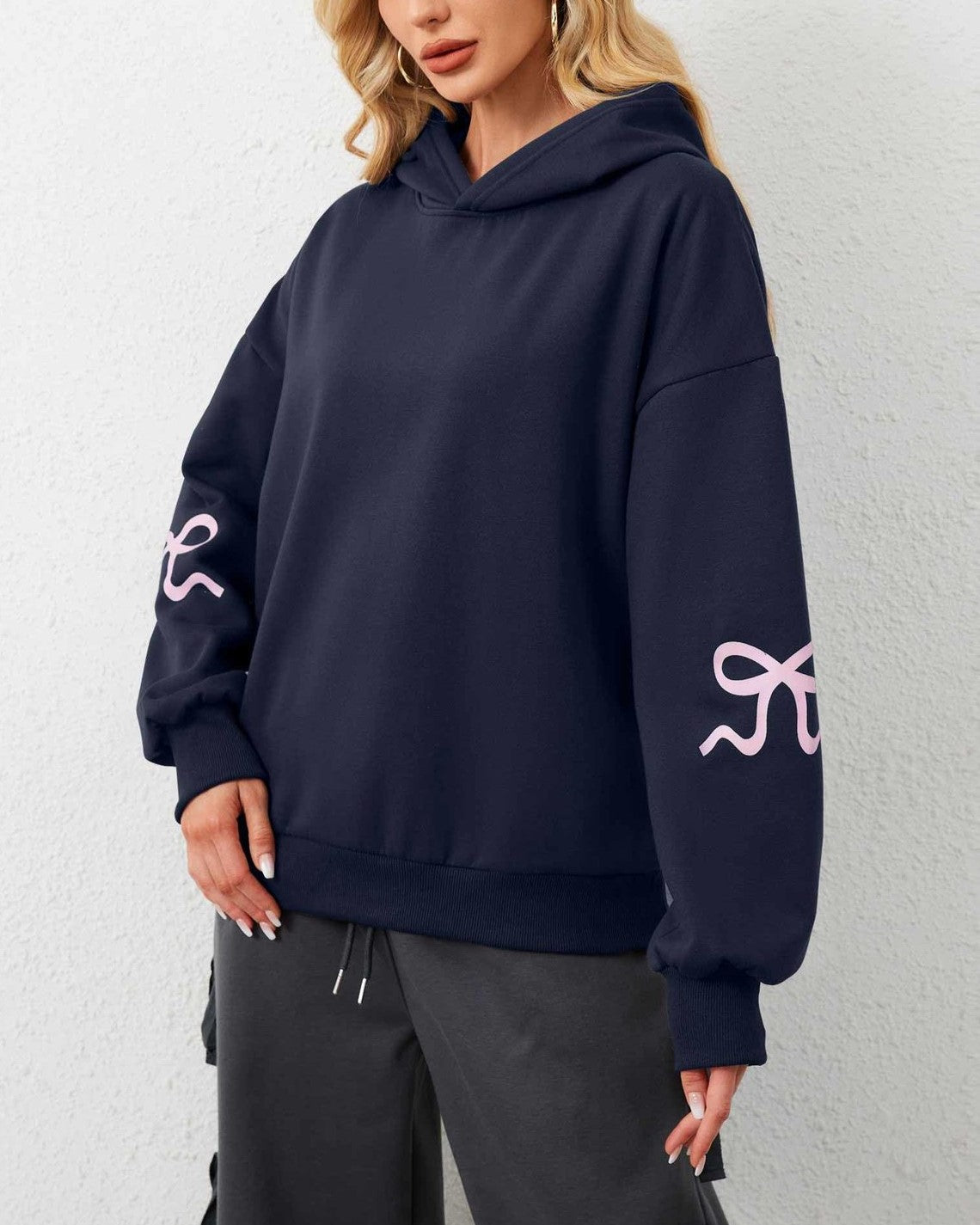 Oversized Bow Sleeve Drop Shoulder Hoodie - DarkBlue - 2