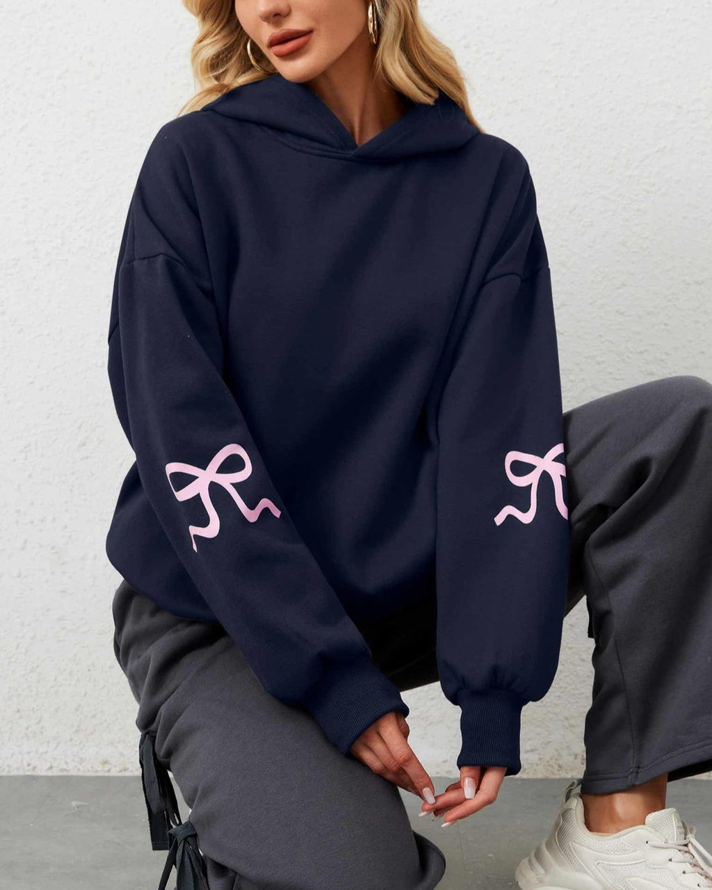 Oversized Bow Sleeve Drop Shoulder Hoodie - DarkBlue - 3