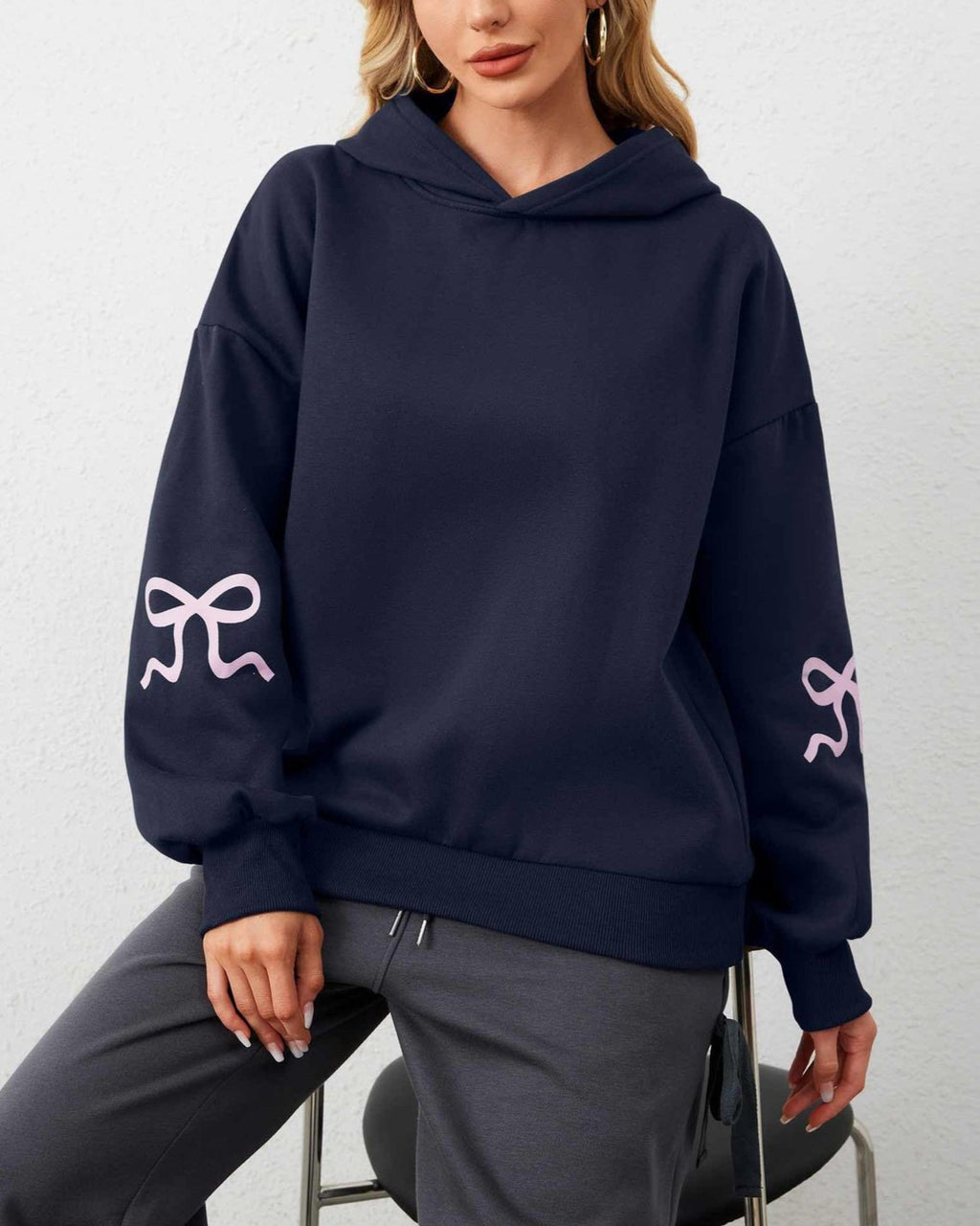 Oversized Bow Sleeve Drop Shoulder Hoodie - DarkBlue - 4