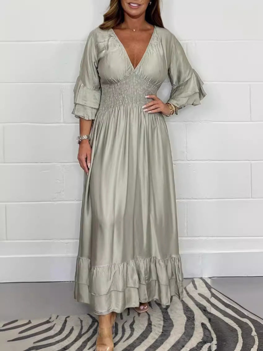 Satin Ruffle Sleeve Smocked Waist Maxi Dress - Grey