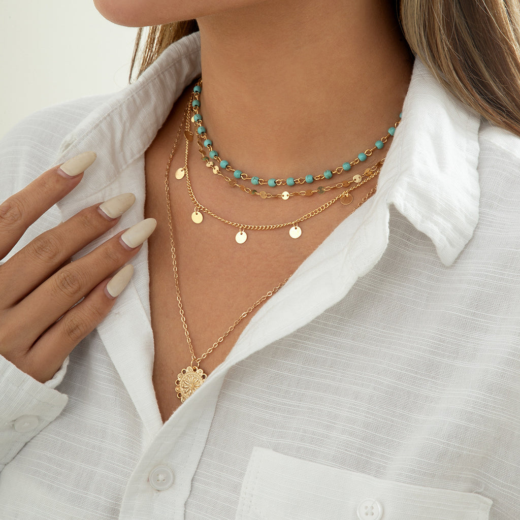 Layered Turquoise Bead Coin Medallion Necklace - Gold - 3