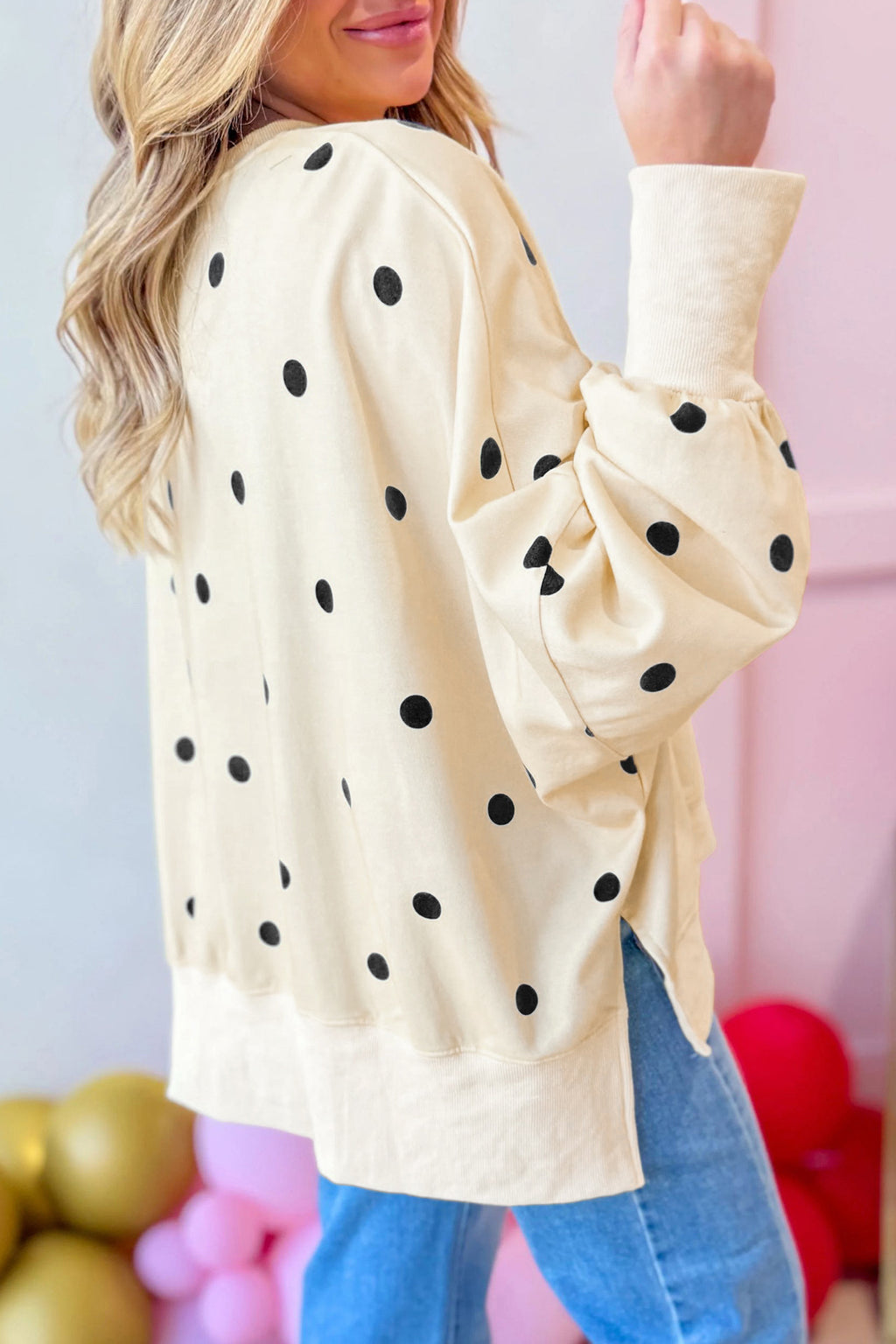 Polka Dot Side Slit Drop Shoulder Sweatshirt - Apricot - 5