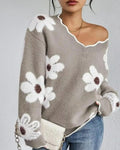 Daisy Floral Scallop Trim V Neck Sweater - Brown