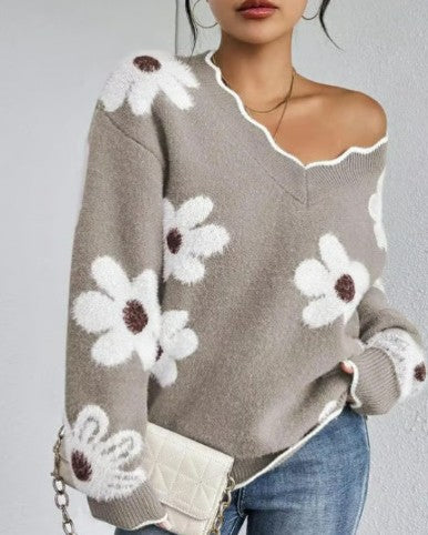 Daisy Floral Scallop Trim V Neck Sweater - Brown