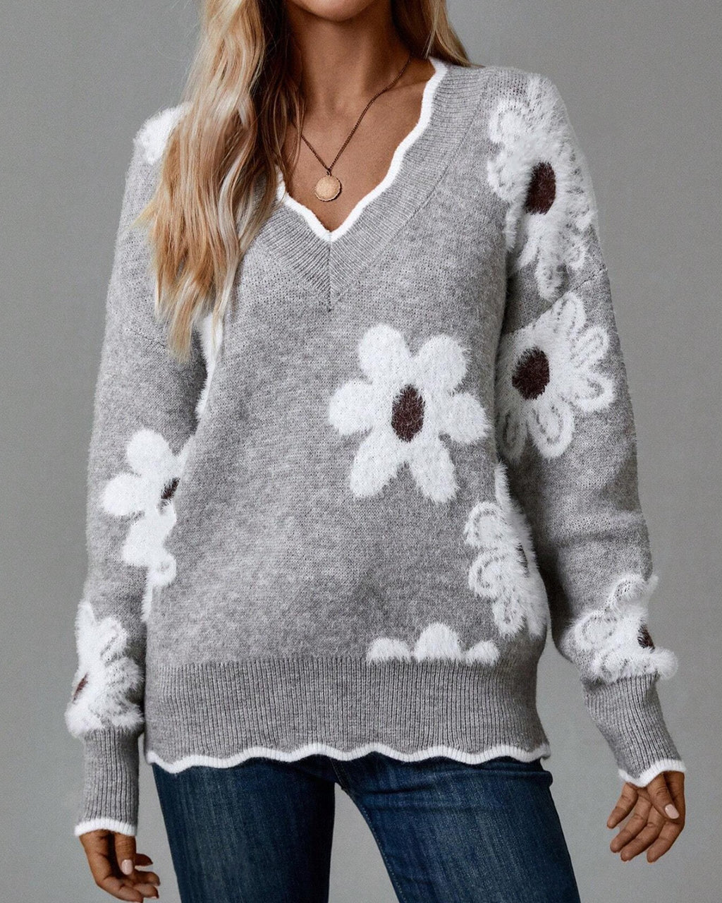 Daisy Floral Scallop Trim V Neck Sweater - Grey