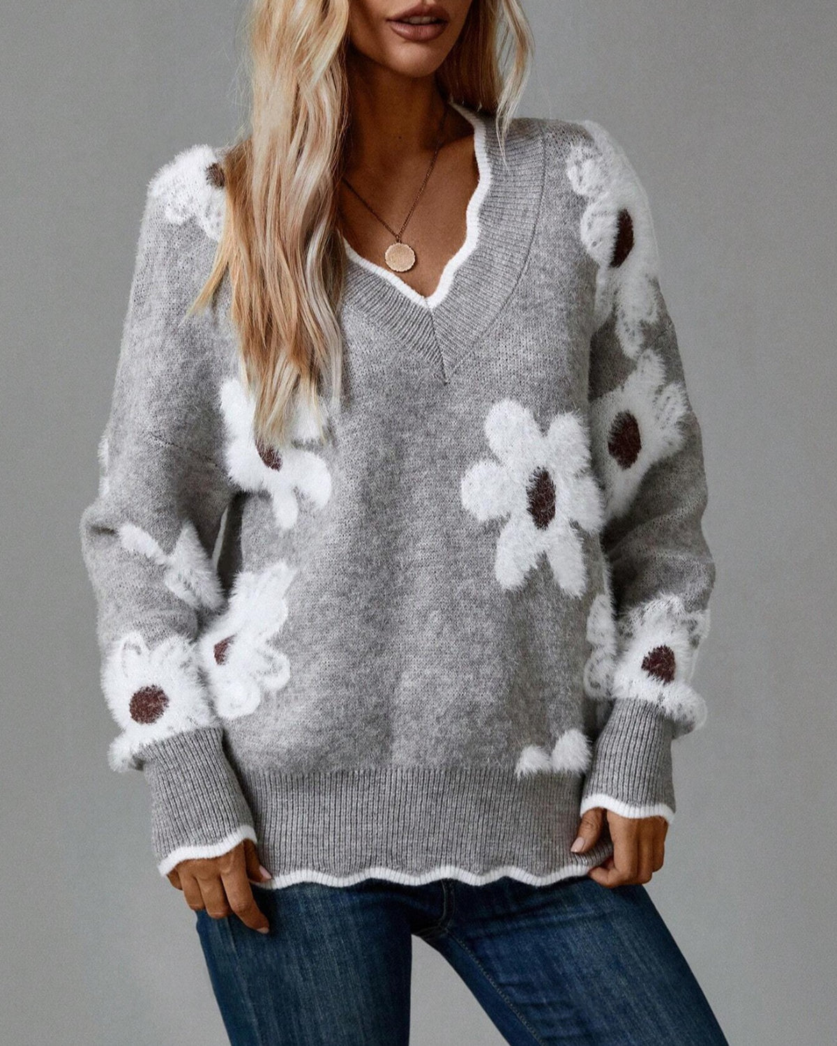 Daisy Floral Scallop Trim V Neck Sweater - Grey - 1
