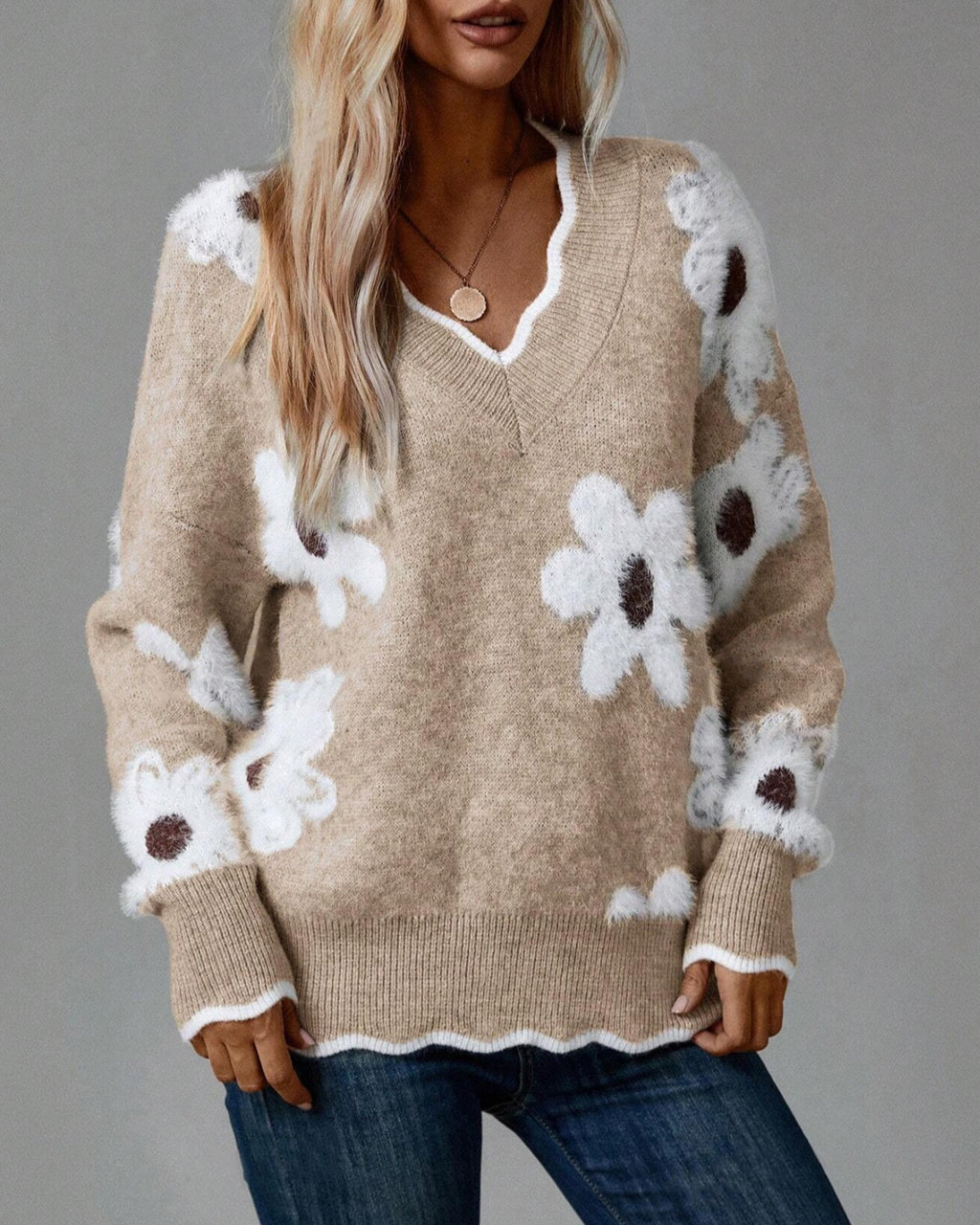 Daisy Floral Scallop Trim V Neck Sweater - Khaki
