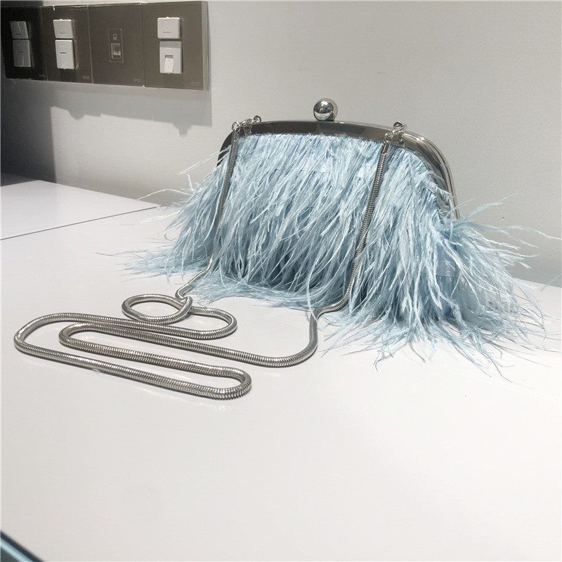Fluffy Feather Kiss Lock Evening Clutch - Sky Blue