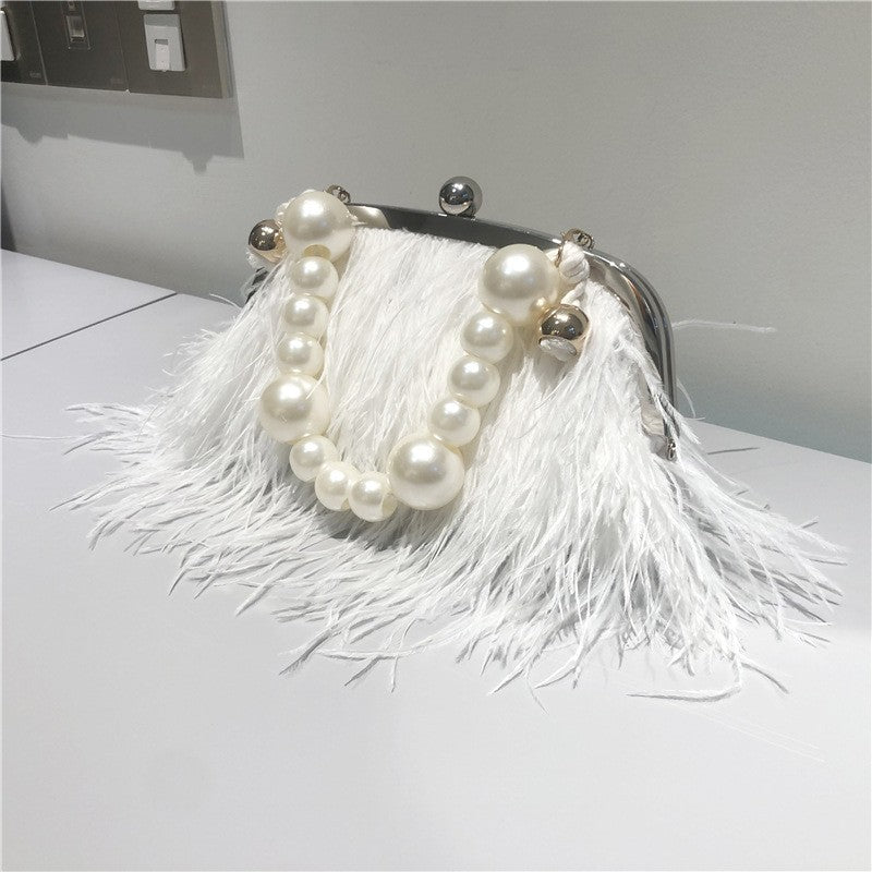 Fluffy Feather Kiss Lock Evening Clutch - White Pearl