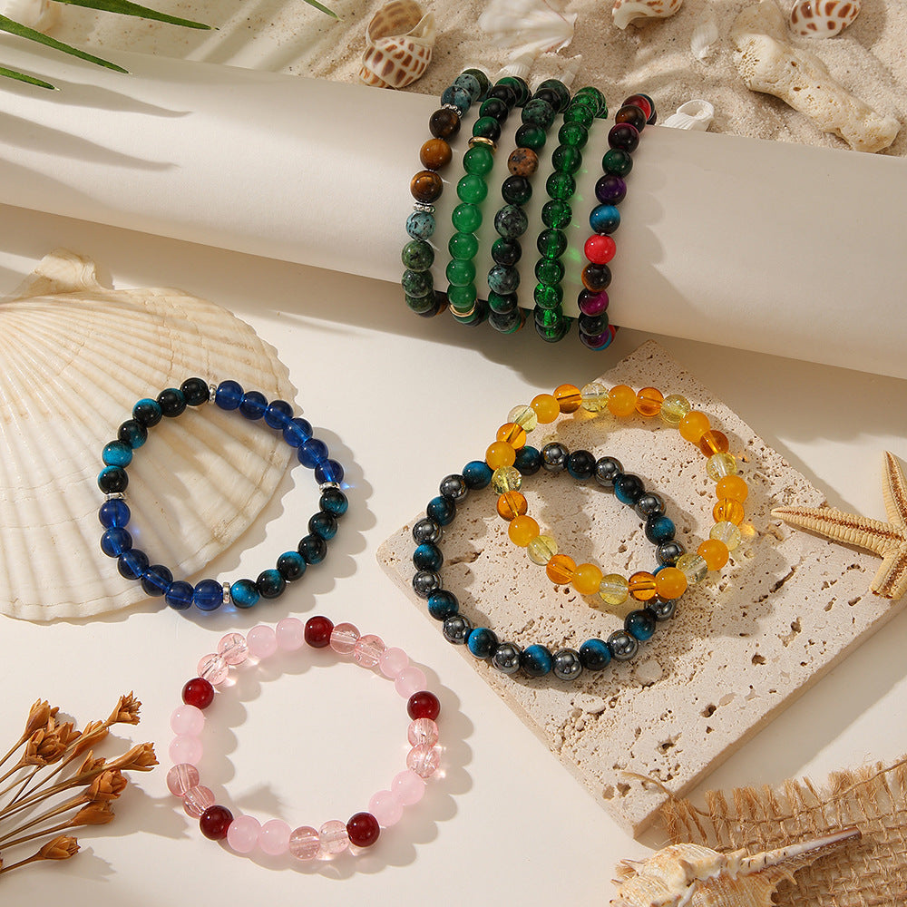 Gemstone Look Round Bead Elastic Bracelet